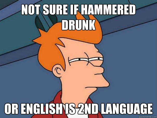 Not sure if hammered 
drunk Or English is 2nd language  Futurama Fry