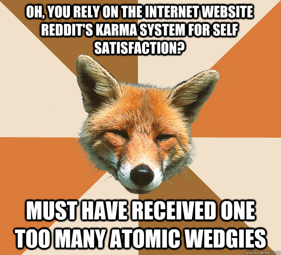 oh, you rely on the internet website reddit's karma system for self satisfaction? must have received one too many atomic wedgies - oh, you rely on the internet website reddit's karma system for self satisfaction? must have received one too many atomic wedgies  Condescending Fox