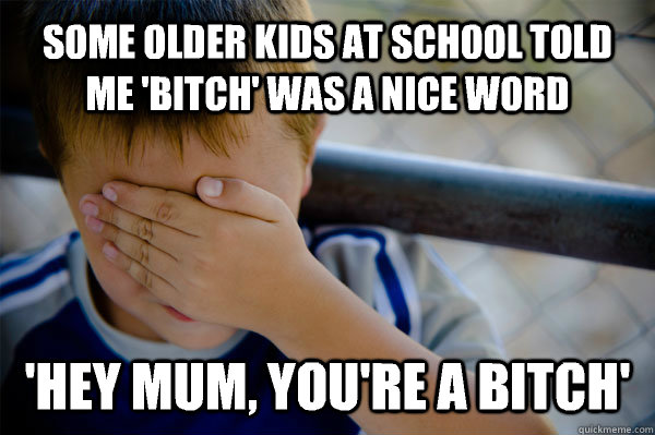 Some older kids at school told me 'bitch' was a nice word 'Hey Mum, you're a bitch'  Confession kid