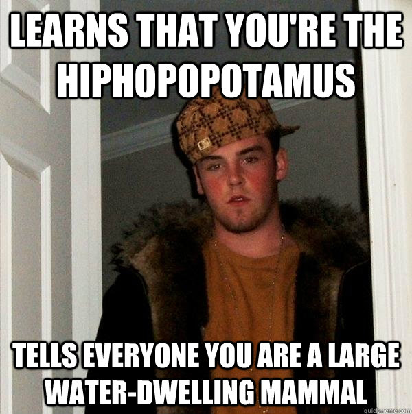 Learns that you're the  Hiphopopotamus  tells everyone you are a large water-dwelling mammal   Scumbag Steve