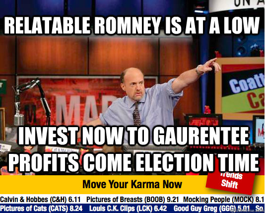 Relatable Romney is at a low Invest now to gaurentee profits come election time  Mad Karma with Jim Cramer