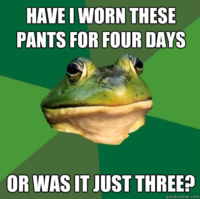 Have I worn these pants for four days or was it just three? - Have I worn these pants for four days or was it just three?  Foul Bachelor Frog