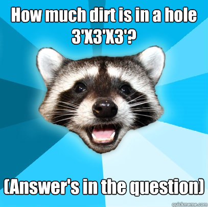 How much dirt is in a hole 3'X3'X3'? (Answer's in the question) - How much dirt is in a hole 3'X3'X3'? (Answer's in the question)  Lame Pun Coon