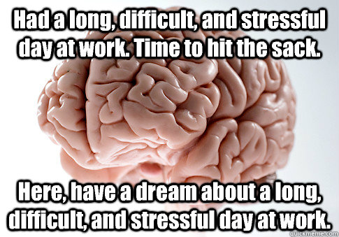 Had a long, difficult, and stressful day at work. Time to hit the sack.  Here, have a dream about a long, difficult, and stressful day at work.   Scumbag Brain