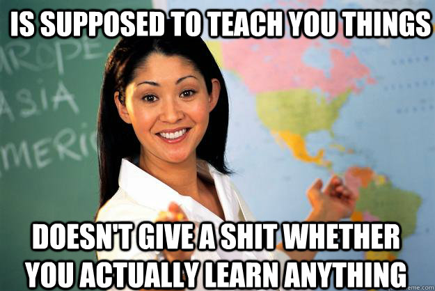 Is supposed to teach you things Doesn't give a shit whether you actually learn anything  Unhelpful High School Teacher