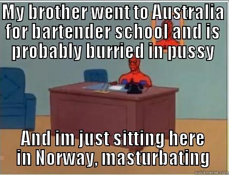 Bartender pussy - MY BROTHER WENT TO AUSTRALIA FOR BARTENDER SCHOOL AND IS PROBABLY BURRIED IN PUSSY AND IM JUST SITTING HERE IN NORWAY, MASTURBATING Spiderman Desk