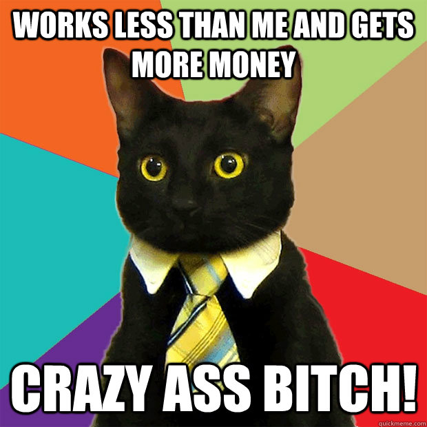 WORKS LESS THAN ME AND GETS MORE MONEY CRAZY ASS BITCH!  Business Cat