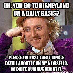 Oh, you go to disneyland on a daily basis? please, do post every single detail about it on my newsfeed, im quite curious about it. - Oh, you go to disneyland on a daily basis? please, do post every single detail about it on my newsfeed, im quite curious about it.  Condescending Wonka