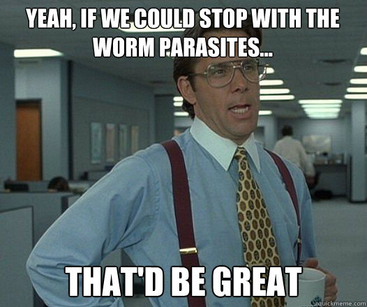 Yeah, if we could stop with the worm parasites... that'd be great Caption 3 goes here  Bill Lumbergh  fight club