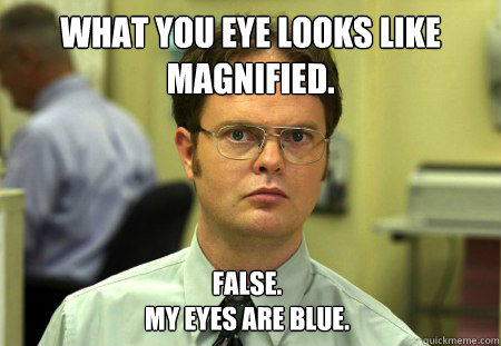 What you eye looks like magnified. False.
My eyes are blue. - What you eye looks like magnified. False.
My eyes are blue.  Dwight