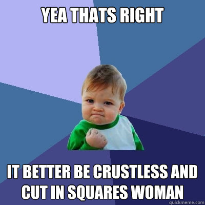 Yea thats right it better be crustless and cut in squares woman - Yea thats right it better be crustless and cut in squares woman  Success Kid