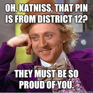 Oh, Katniss, that pin is from district 12? They must be so proud of you.  - Oh, Katniss, that pin is from district 12? They must be so proud of you.   Condescending Wonka