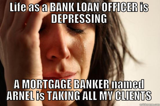 Loan officer problems - LIFE AS A BANK LOAN OFFICER IS DEPRESSING A MORTGAGE BANKER NAMED ARNEL IS TAKING ALL MY CLIENTS First World Problems