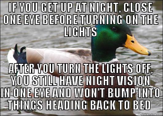 IF YOU GET UP AT NIGHT, CLOSE ONE EYE BEFORE TURNING ON THE LIGHTS AFTER YOU TURN THE LIGHTS OFF, YOU STILL HAVE NIGHT VISION IN ONE EYE AND WON'T BUMP INTO THINGS HEADING BACK TO BED  Actual Advice Mallard