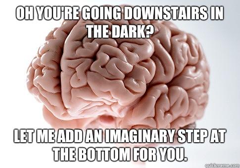 Oh you're going downstairs in the dark? Let me add an imaginary step at the bottom for you.  - Oh you're going downstairs in the dark? Let me add an imaginary step at the bottom for you.   Scumbag Brain