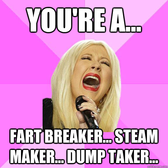 You're a... fart breaker... steam maker... dump taker...  Wrong Lyrics Christina