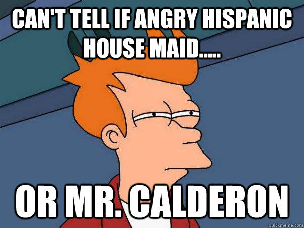 Can't tell if angry hispanic house maid..... Or Mr. Calderon  Futurama Fry