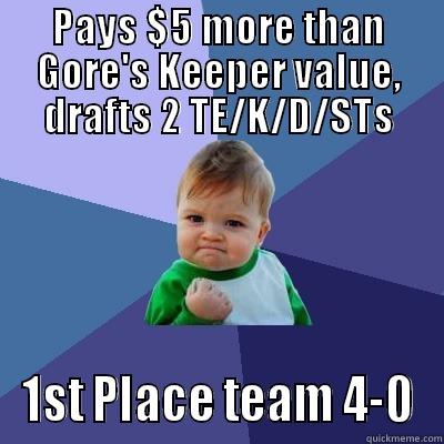 PAYS $5 MORE THAN GORE'S KEEPER VALUE, DRAFTS 2 TE/K/D/STS 1ST PLACE TEAM 4-0 Success Kid