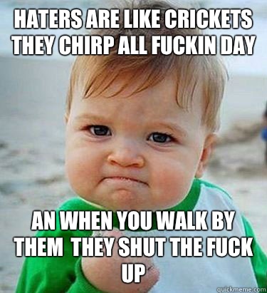 haters are like crickets they chirp all fuckin day  an when you walk by them  they shut the fuck up  - haters are like crickets they chirp all fuckin day  an when you walk by them  they shut the fuck up   Victory Baby