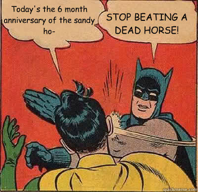 STOP BEATING A DEAD HORSE! Today's the 6 month anniversary of the sandy ho-  Batman Slapping Robin