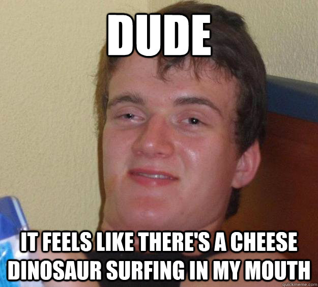 Dude It feels like there's a cheese dinosaur surfing in my mouth  10 Guy