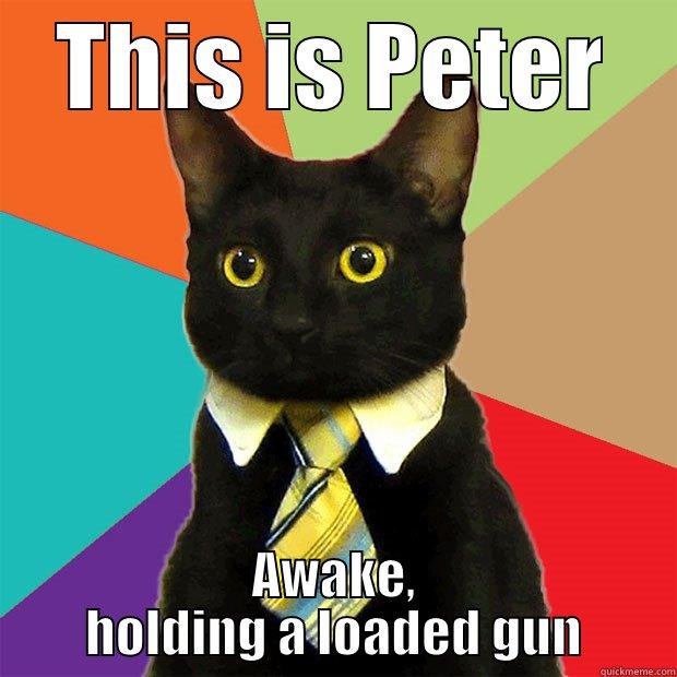 THIS IS PETER AWAKE, HOLDING A LOADED GUN Business Cat