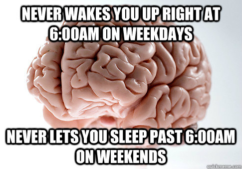 Never wakes you up right at 6:00am on weekdays Never lets you sleep past 6:00am on weekends  Scumbag Brain