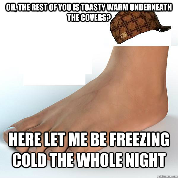 Oh, the rest of you is toasty warm underneath the covers? here let me be freezing cold the whole night  Scumbag Foot