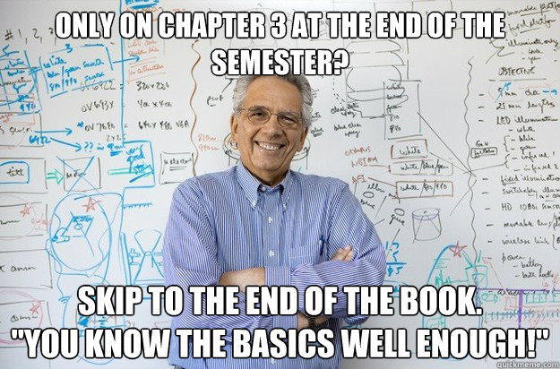 only on chapter 3 at the end of the semester? Skip to the end of the book.
