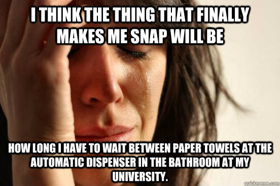 I think the thing that finally makes me snap will be  how long I have to wait between paper towels at the automatic dispenser in the bathroom at my university.  First World Problems