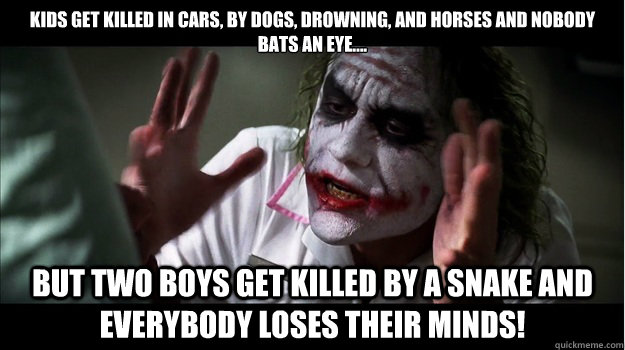 Kids get killed in cars, by dogs, drowning, and horses and nobody bats an eye.... But two boys get killed by a snake and everybody loses their minds!  Joker Mind Loss