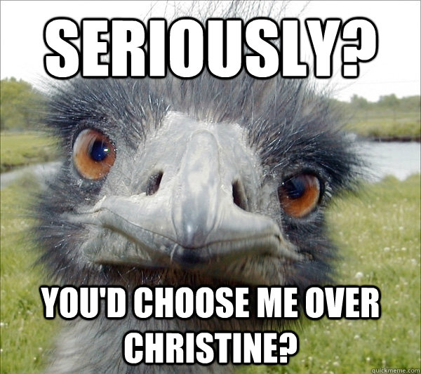 Seriously? You'd choose me over Christine? - Seriously? You'd choose me over Christine?  Ugly emu.