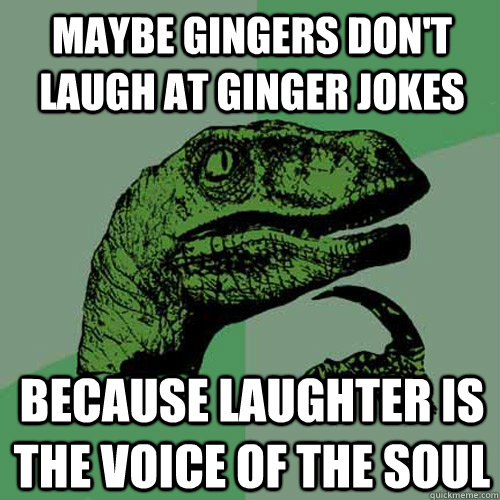 Maybe gingers don't laugh at ginger jokes  Because laughter is the voice of the soul  Philosoraptor