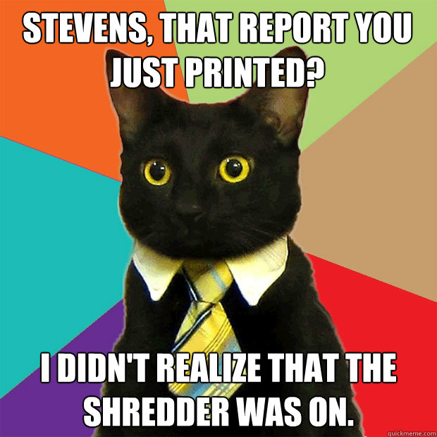 Stevens, that report you just printed? I didn't realize that the shredder was on.  Business Cat