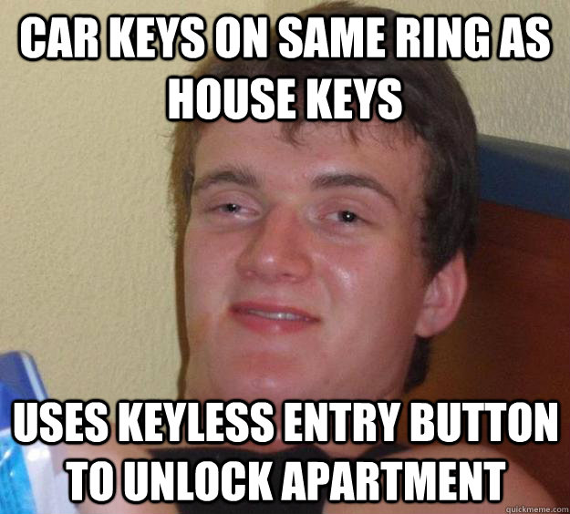 Car keys on same ring as house keys Uses keyless entry button to unlock apartment   10 Guy