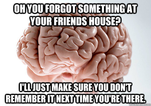 Oh you forgot something at your friends house? I'll just make sure you don't remember it next time you're there.  Scumbag Brain