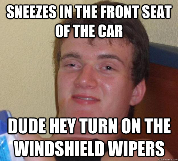 Sneezes in the front seat of the car Dude hey turn on the windshield wipers  10 Guy