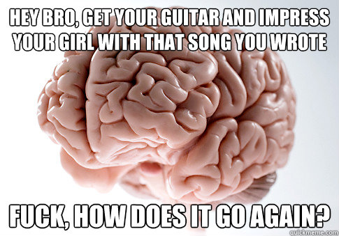 Hey bro, get your guitar and impress your girl with that song you wrote Fuck, How does it go again?   Scumbag Brain