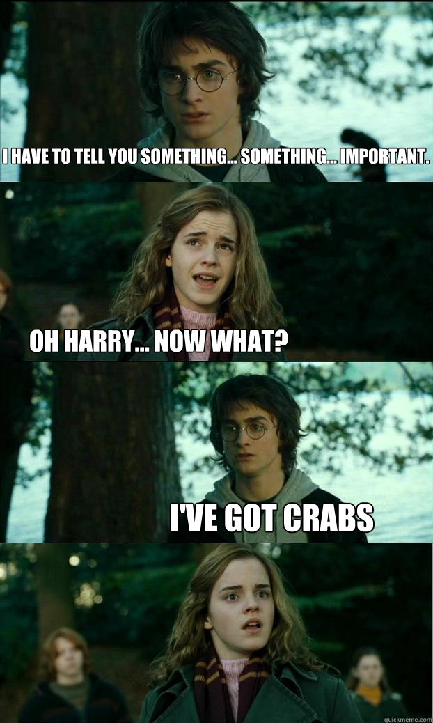 I have to tell you something... something... important. oh harry... now what? i've got crabs  Horny Harry