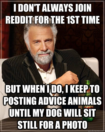 I don't always join reddit for the 1st time But when i do, I keep to posting advice animals until my dog will sit still for a photo  The Most Interesting Man In The World