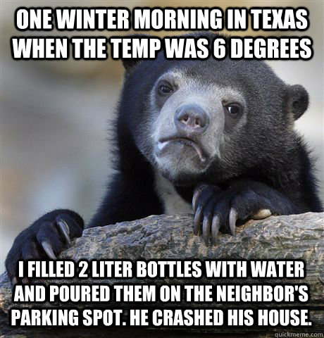 ONE WINTER MORNING IN TEXAS WHEN THE TEMP WAS 6 DEGREES I FILLED 2 LITER BOTTLES WITH WATER AND POURED THEM ON THE NEIGHBOR'S PARKING SPOT. HE CRASHED HIS HOUSE.  Confession Bear