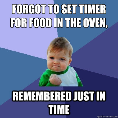 forgot to set timer for food in the oven, remembered just in time  Success Kid