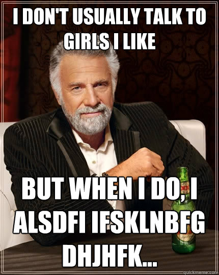 I don't usually talk to girls i like But when I do, I alsdfi ifsklnbfg dhjhfk...  The Most Interesting Man In The World