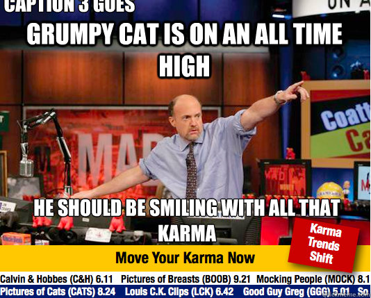 Grumpy cat is on an all time high He should be smiling with all that karma Caption 3 goes here  Mad Karma with Jim Cramer