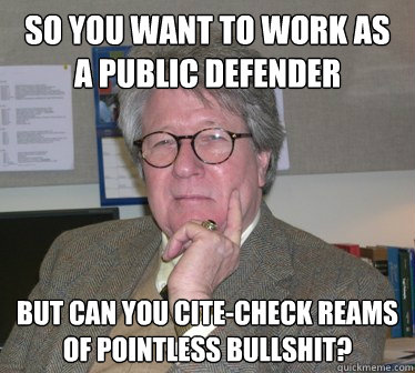 So you want to work as a public defender but can you cite-check reams of pointless bullshit? - So you want to work as a public defender but can you cite-check reams of pointless bullshit?  Humanities Professor