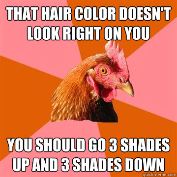 that hair color doesn't look right on you you should go 3 shades up and 3 shades down  Anti-Joke Chicken