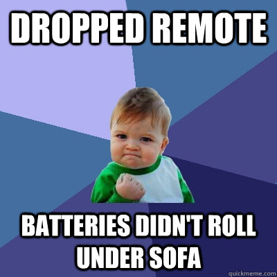 Dropped Remote Batteries didn't roll under sofa  Success Kid