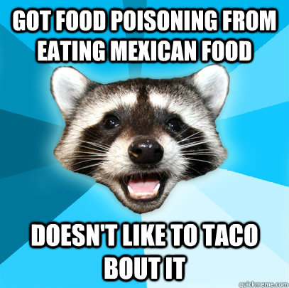 GOT FOOD POISONING FROM EATING MEXICAN FOOD DOESN'T LIKE TO TACO BOUT IT  Lame Pun Coon