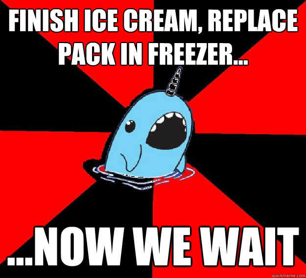 Finish ice cream, replace pack in freezer... ...now we wait  Nefarious Narwahl