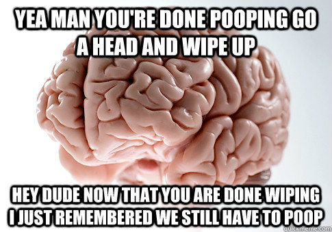 Yea man you're done pooping go a head and wipe up Hey dude now that you are done wiping i just remembered we still have to poop - Yea man you're done pooping go a head and wipe up Hey dude now that you are done wiping i just remembered we still have to poop  Scumbag Brain